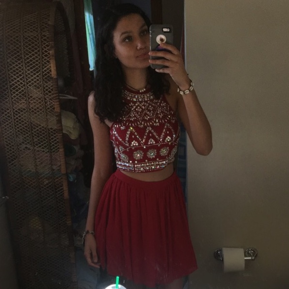 Red high neck two-piece Homecoming dress